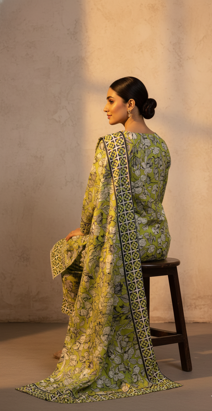 Vibrant Lime Green Crepe Silk Shalwar Kameez with Dupatta - Embroidered Floral Suit for Eid, Wedding & Party in UK | Pakistani Suits - Ibrahimis