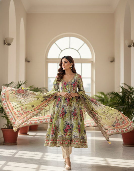 Stunning Lime Green Crepe Angrakha Frock with Dupatta - Embroidered Floral Suit for Wedding, Eid & Formal Party in UK | Pakistani Suits - Ibrahimis