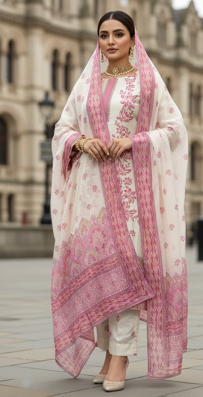 Pakistani Silk Shalwar Kameez Suit | Cream & Pink Printed Dupatta Set | Formal Party Wear UK | Pakistani Dresses - Ibrahimis