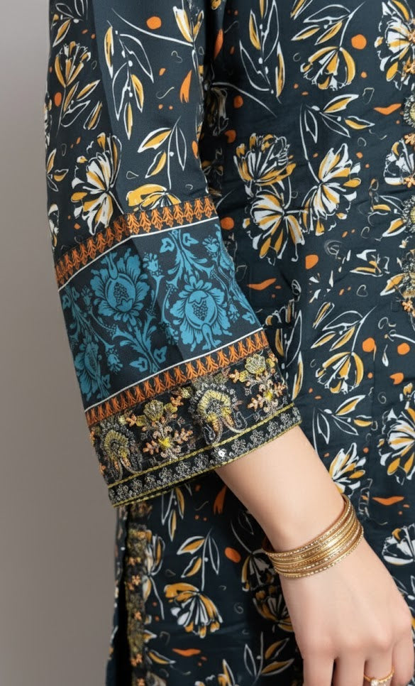 Sophisticated Dark Teal Crepe Silk Shalwar Kameez with Dupatta - Embroidered Floral Suit for Formal, Wedding & Party in UK | Pakistani Suits - Ibrahimis