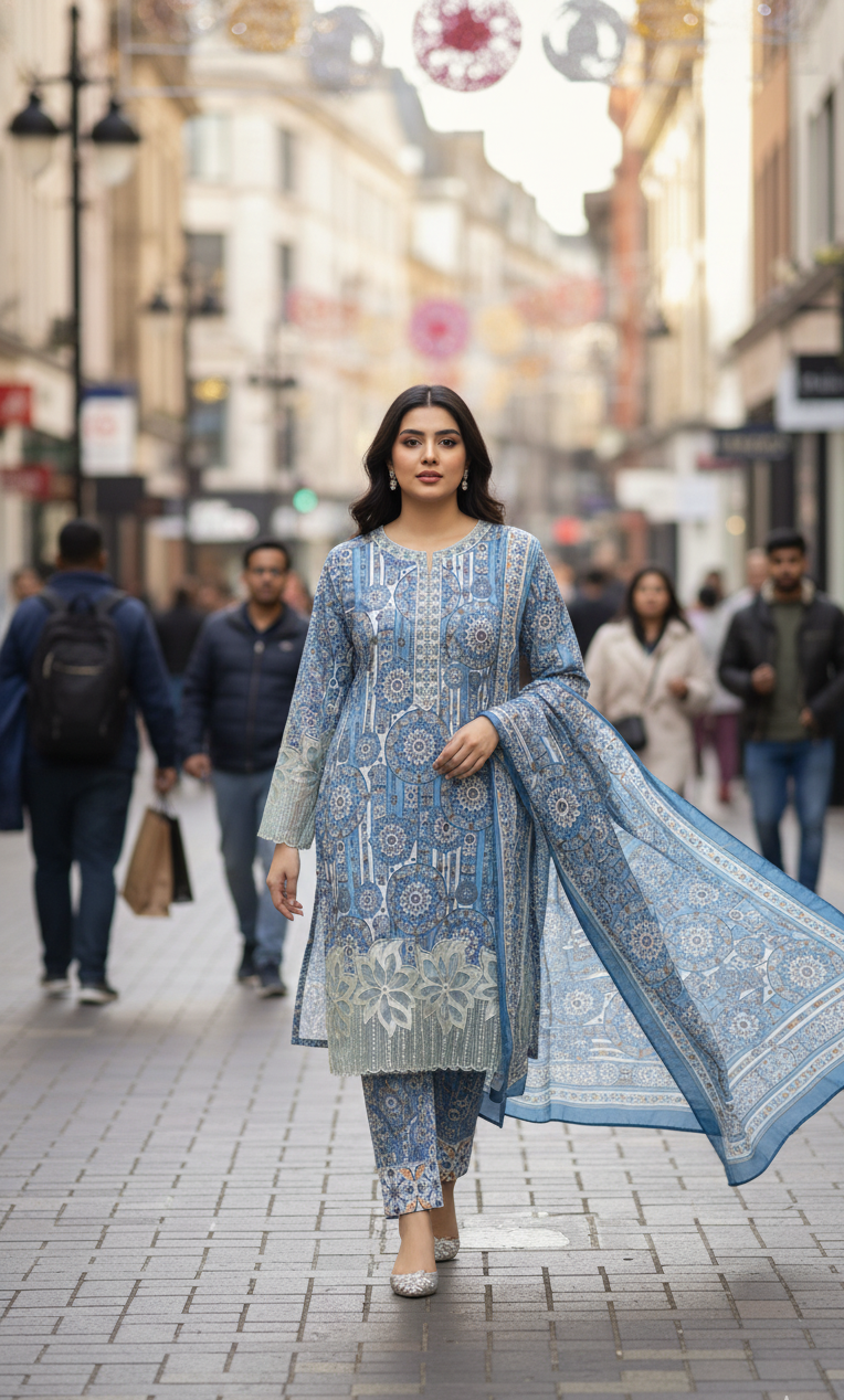 Stunning Blue & White Crepe Silk Shalwar Kameez with Dupatta - Embroidered Mandala Suit for Eid, Wedding & Party in UK | Pakistani Suits - Ibrahimis