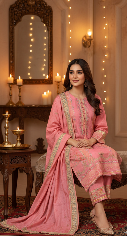 Elegant Coral Pink Crepe Silk Shalwar Kameez with Dupatta - Printed Formal Suit for Eid, Wedding & Party in UK | Pakistani Suits - Ibrahimis
