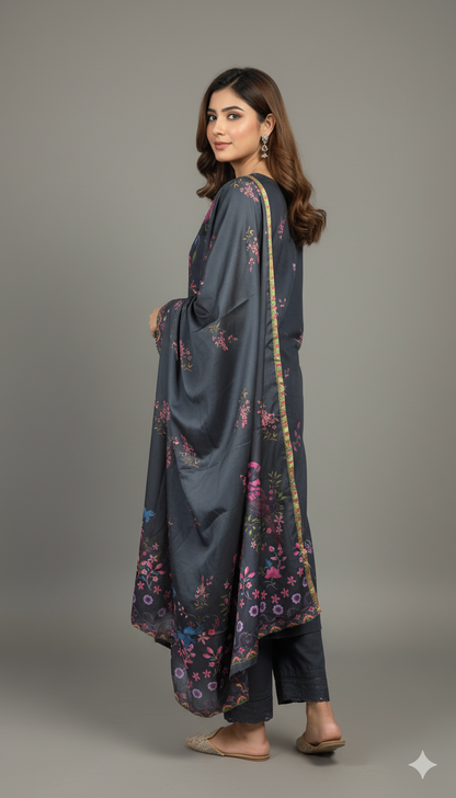 Striking Charcoal Black Crepe Silk Suit with Dupatta - Vibrant Floral Print & Lace for Formal, Party & Eid in UK | Pakistani Suits - Ibrahimis