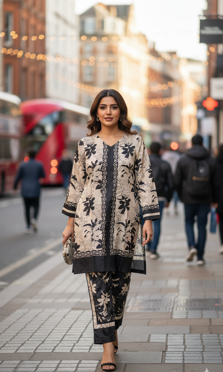 Monochrome Silk Co-ord Set UK - Black & Cream Floral Printed Shalwar Kameez for Formal & Casual Wear in UK | Pakistani Suits - Ibrahimis