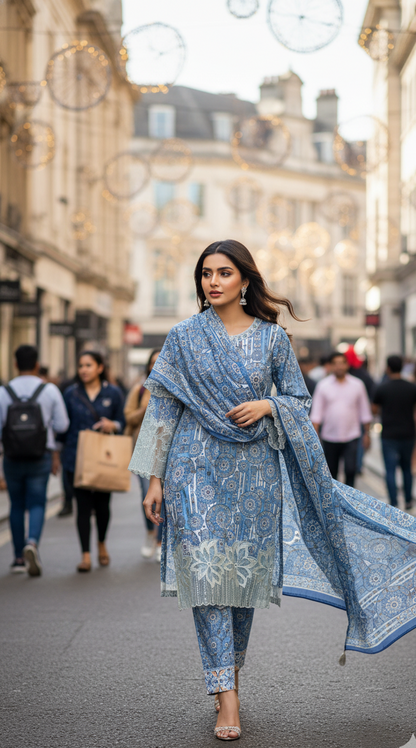 Stunning Blue & White Crepe Silk Shalwar Kameez with Dupatta - Embroidered Mandala Suit for Eid, Wedding & Party in UK | Pakistani Suits - Ibrahimis