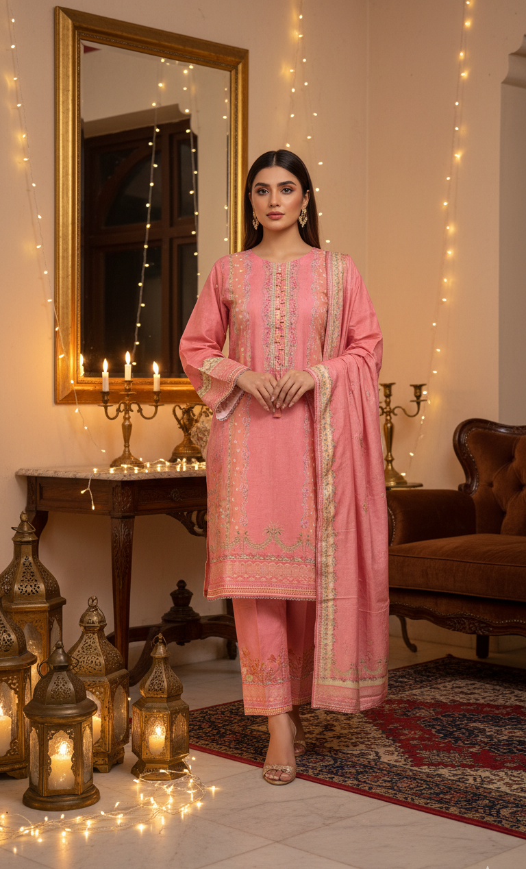 Elegant Coral Pink Crepe Silk Shalwar Kameez with Dupatta - Printed Formal Suit for Eid, Wedding & Party in UK | Pakistani Suits - Ibrahimis