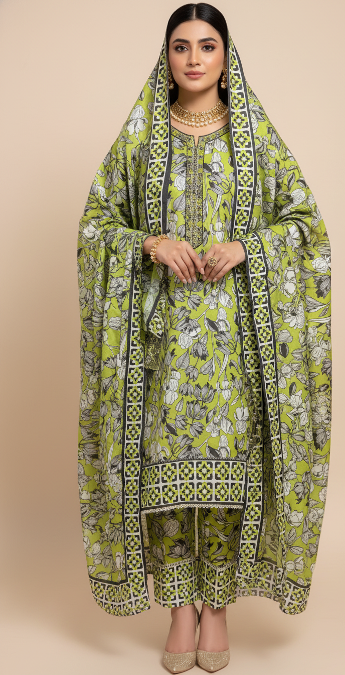 Vibrant Lime Green Crepe Silk Shalwar Kameez with Dupatta - Embroidered Floral Suit for Eid, Wedding & Party in UK | Pakistani Suits - Ibrahimis