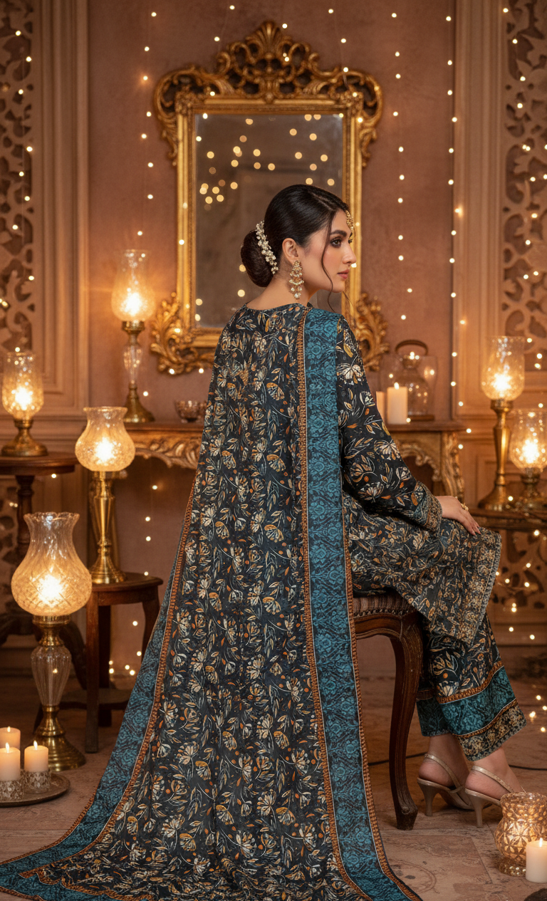 Sophisticated Dark Teal Crepe Silk Shalwar Kameez with Dupatta - Embroidered Floral Suit for Formal, Wedding & Party in UK | Pakistani Suits - Ibrahimis