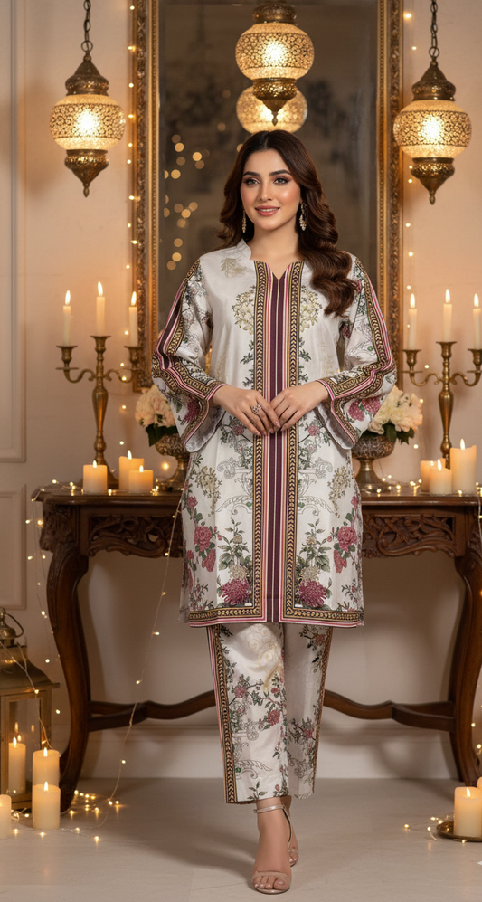Elegant White & Maroon Silk Co-ord Set UK - Floral Printed Shalwar Kameez for Casual & Formal Events in UK | Pakistani Suits - Ibrahimis