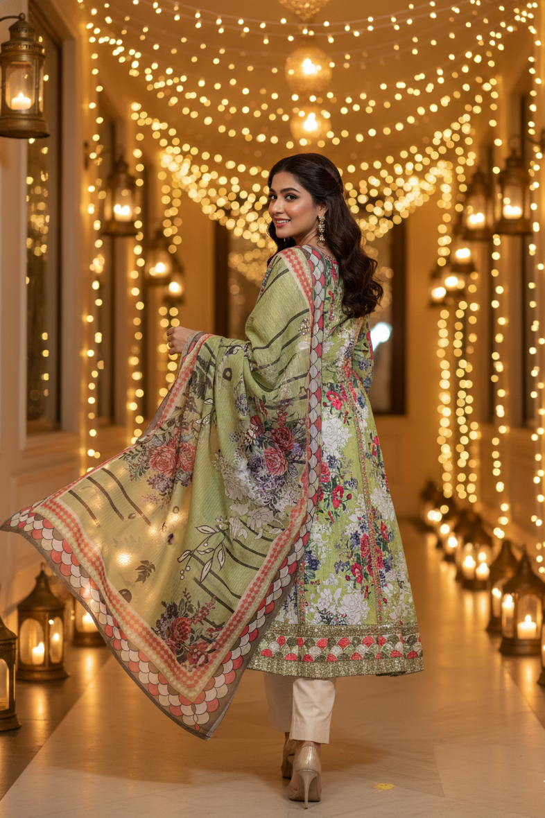 Stunning Lime Green Crepe Angrakha Frock with Dupatta - Embroidered Floral Suit for Wedding, Eid & Formal Party in UK | Pakistani Suits - Ibrahimis