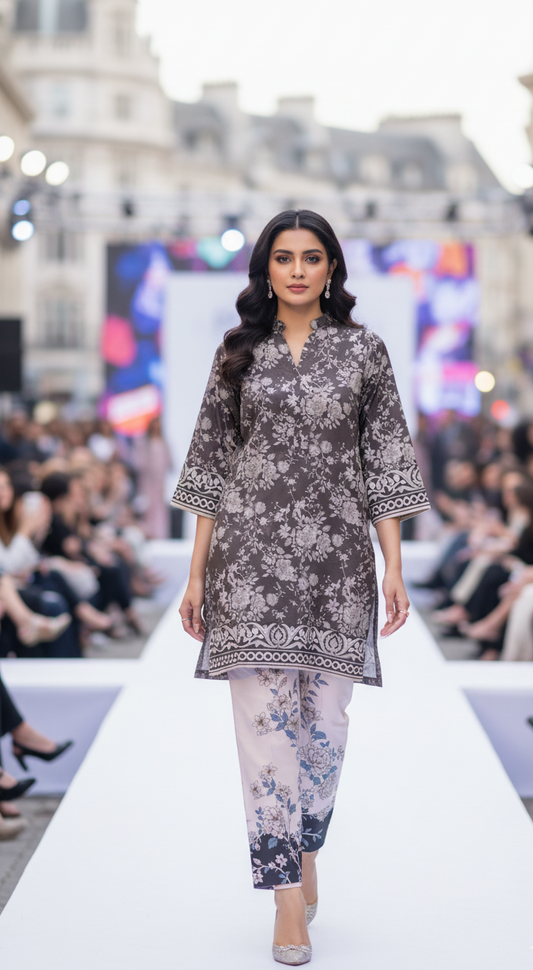 Chic Charcoal & White Silk Co-ord Set UK - Printed Floral Shalwar Kameez for Casual & Semi-Formal  in UK | Pakistani SuitsWear - Ibrahimis