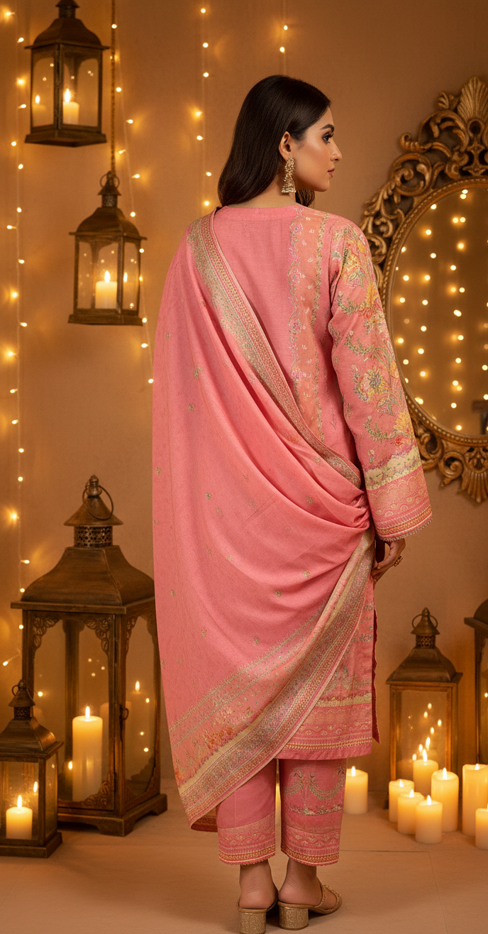 Elegant Coral Pink Crepe Silk Shalwar Kameez with Dupatta - Printed Formal Suit for Eid, Wedding & Party in UK | Pakistani Suits - Ibrahimis