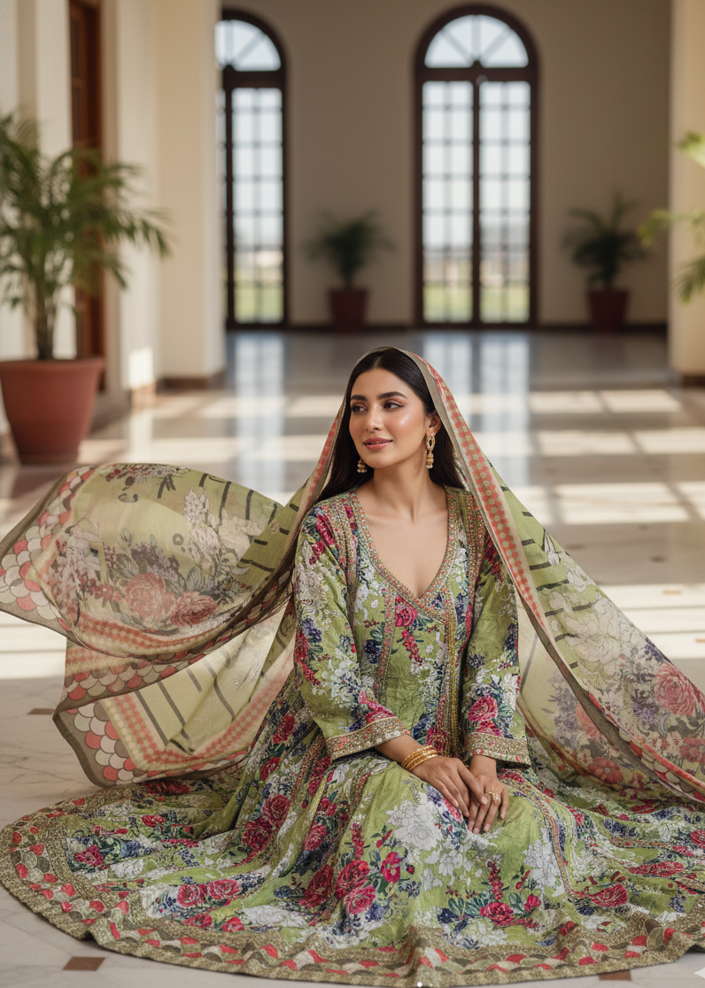 Stunning Lime Green Crepe Angrakha Frock with Dupatta - Embroidered Floral Suit for Wedding, Eid & Formal Party in UK | Pakistani Suits - Ibrahimis