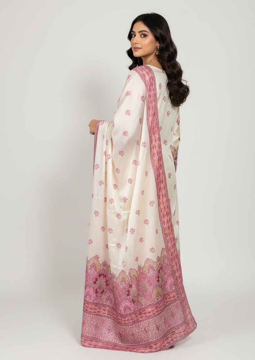 Pakistani Silk Shalwar Kameez Suit | Cream & Pink Printed Dupatta Set | Formal Party Wear UK | Pakistani Dresses - Ibrahimis
