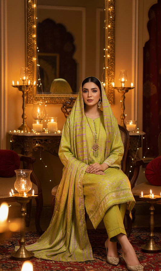 Vibrant Lime Green Crepe Silk Suit with Dupatta - Striped Print & Lace for Formal, Wedding & Party Wear in UK | Pakistani Suits - Ibrahimis