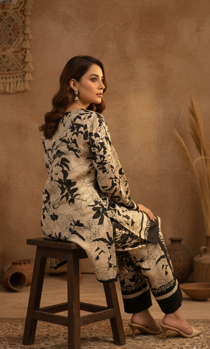 Monochrome Silk Co-ord Set UK - Black & Cream Floral Printed Shalwar Kameez for Formal & Casual Wear in UK | Pakistani Suits - Ibrahimis