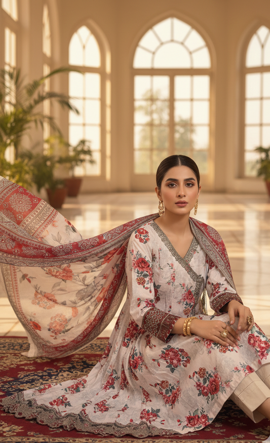 Elegant White Crepe Angrakha Frock with Dupatta - Embroidered Floral Suit for Wedding, Eid & Formal Party in UK | Pakistani Suits - Ibrahimis