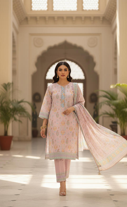 Ethereal Pale Pink Crepe Silk Suit with Lavender Dupatta - Embroidered Floral Design for Formal, Wedding & Party in UK | Pakistani Suits - Ibrahimis