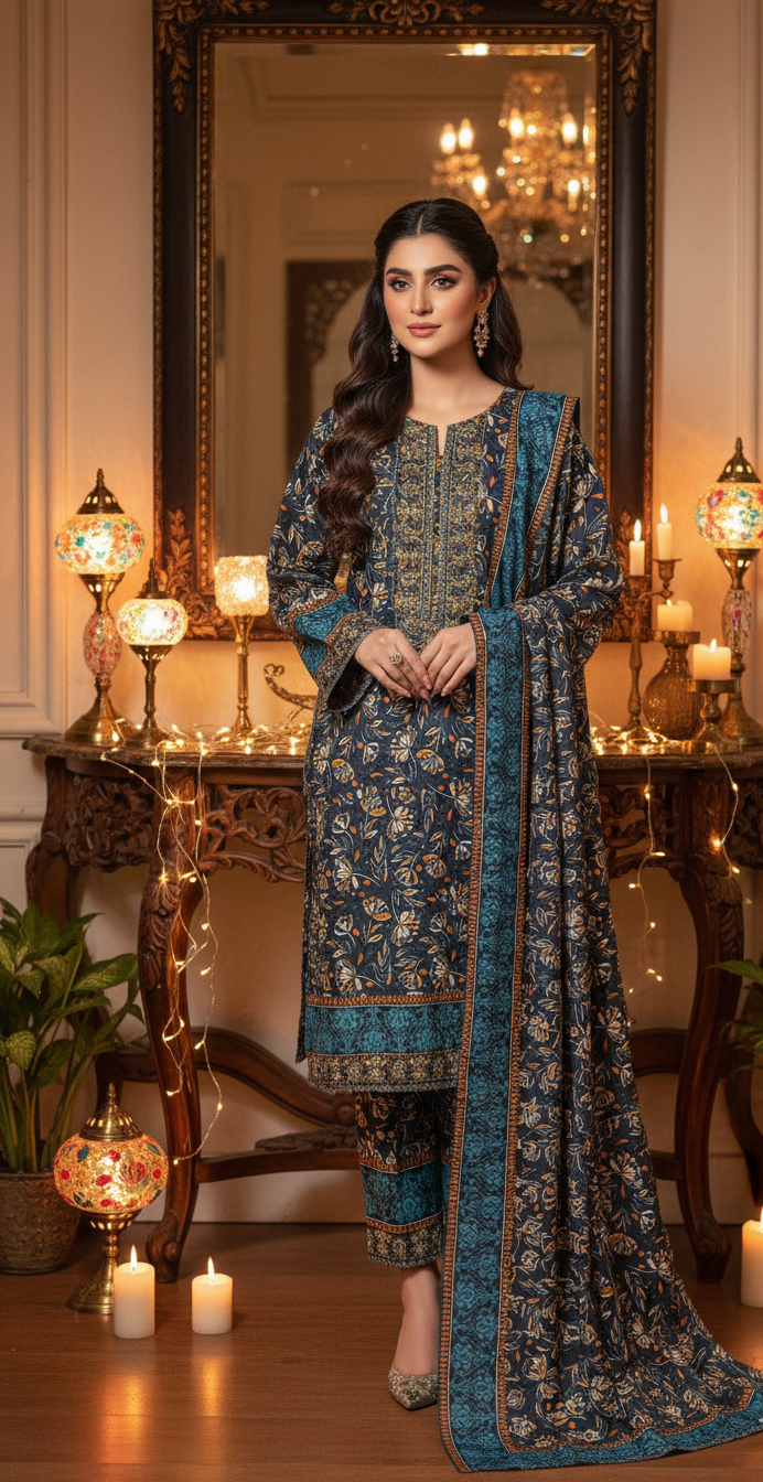 Sophisticated Dark Teal Crepe Silk Shalwar Kameez with Dupatta - Embroidered Floral Suit for Formal, Wedding & Party in UK | Pakistani Suits - Ibrahimis