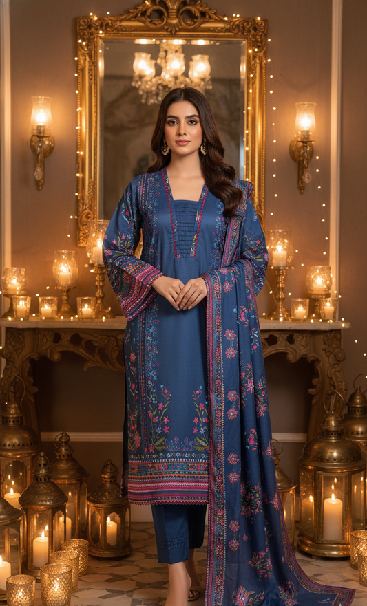 Exquisite Deep Blue Crepe Silk Shalwar Kameez with Dupatta - Printed Floral Suit for Eid, Wedding & Party  in UK | Pakistani Suits - Ibrahimis