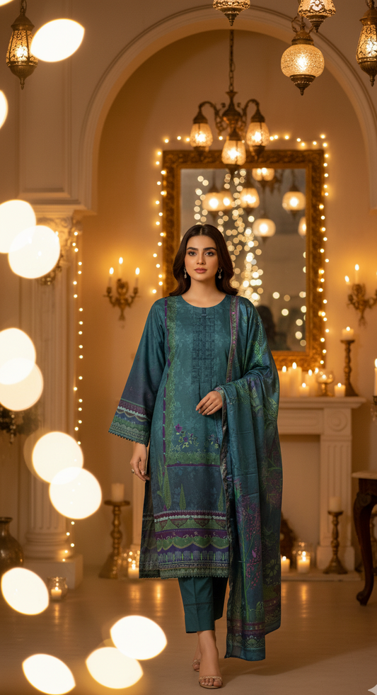 Luxurious Deep Teal Crepe Silk Suit with Dupatta - Embroidered Floral Print for Formal, Wedding & Party in UK | Pakistani Suits - Ibrahimis
