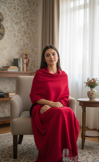 Luxury Scarlet Red Pure Pashmina Wool Shawl | Hand-Woven Bridal Stole in UK | Pakistani Shawls & Stoles - Ibrahimis