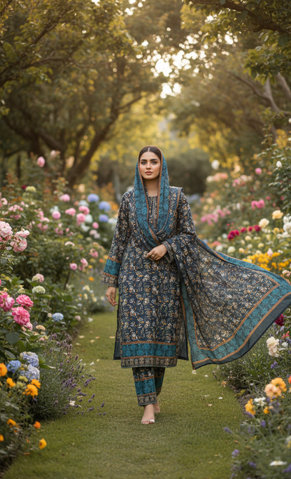Sophisticated Dark Teal Crepe Silk Shalwar Kameez with Dupatta - Embroidered Floral Suit for Formal, Wedding & Party in UK | Pakistani Suits - Ibrahimis