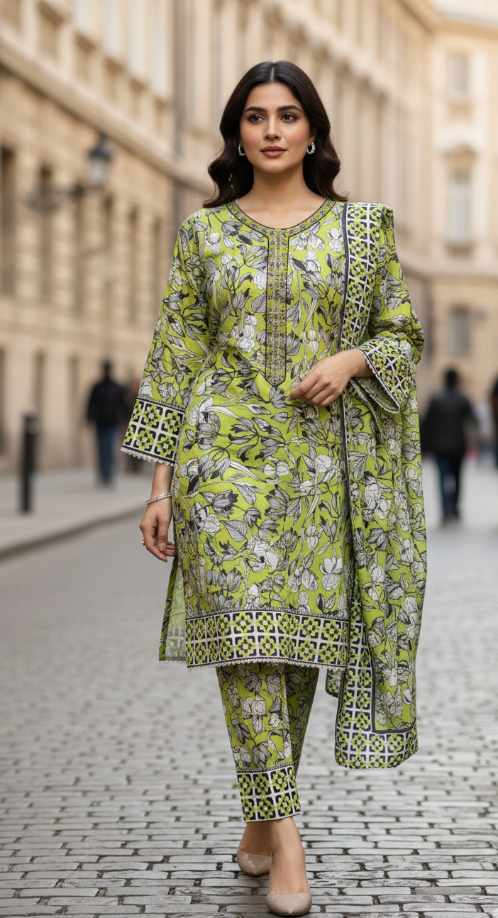 Vibrant Lime Green Crepe Silk Shalwar Kameez with Dupatta - Embroidered Floral Suit for Eid, Wedding & Party in UK | Pakistani Suits - Ibrahimis