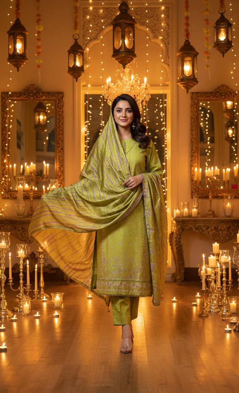 Vibrant Lime Green Crepe Silk Suit with Dupatta - Striped Print & Lace for Formal, Wedding & Party Wear in UK | Pakistani Suits - Ibrahimis