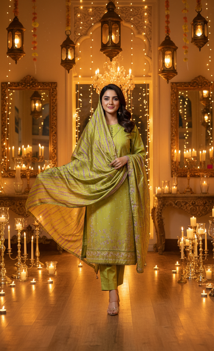 Vibrant Lime Green Crepe Silk Suit with Dupatta - Striped Print & Lace for Formal, Wedding & Party Wear in UK | Pakistani Suits - Ibrahimis