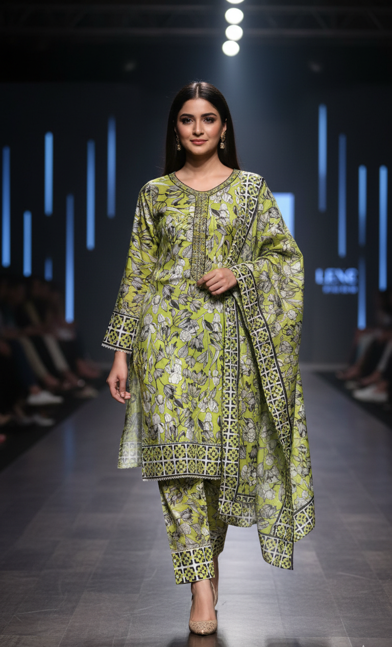 Vibrant Lime Green Crepe Silk Shalwar Kameez with Dupatta - Embroidered Floral Suit for Eid, Wedding & Party in UK | Pakistani Suits - Ibrahimis