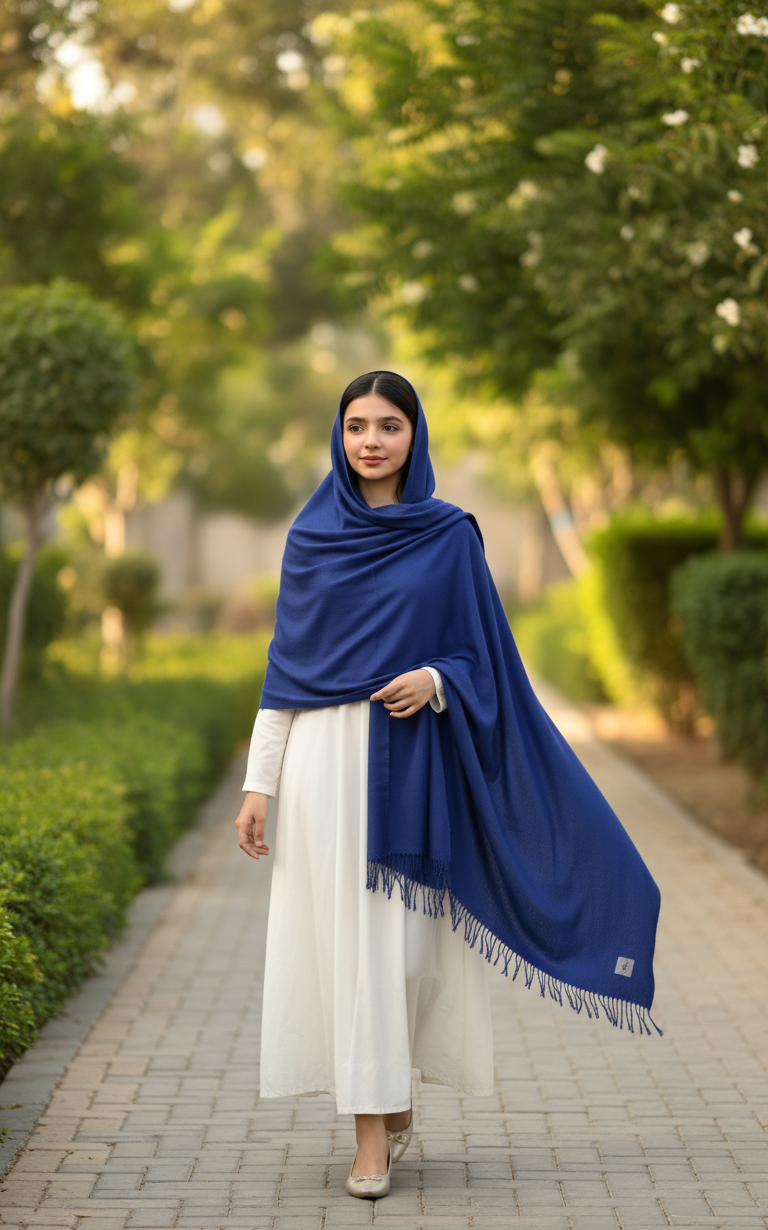 Luxury Royal Blue Pure Pashmina Wool Shawl/Stole with Fringed Edges UK | Pakistani Pashmi in UK | Pakistani Shawls & Stoles - Ibrahimis