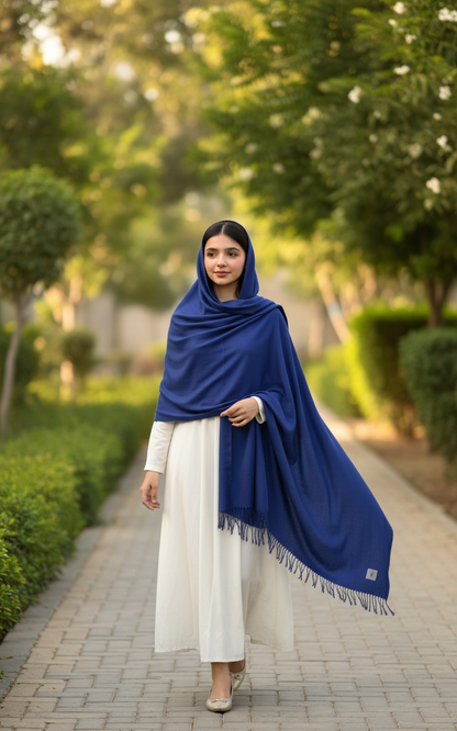 Luxury Royal Blue Pure Pashmina Wool Shawl/Stole with Fringed Edges UK | Pakistani Pashmi in UK | Pakistani Shawls & Stoles - Ibrahimis