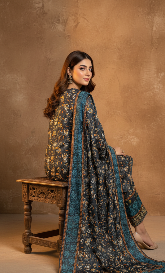 Sophisticated Dark Teal Crepe Silk Shalwar Kameez with Dupatta - Embroidered Floral Suit for Formal, Wedding & Party in UK | Pakistani Suits - Ibrahimis
