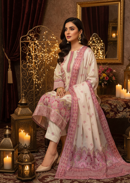 Pakistani Silk Shalwar Kameez Suit | Cream & Pink Printed Dupatta Set | Formal Party Wear UK | Pakistani Dresses - Ibrahimis