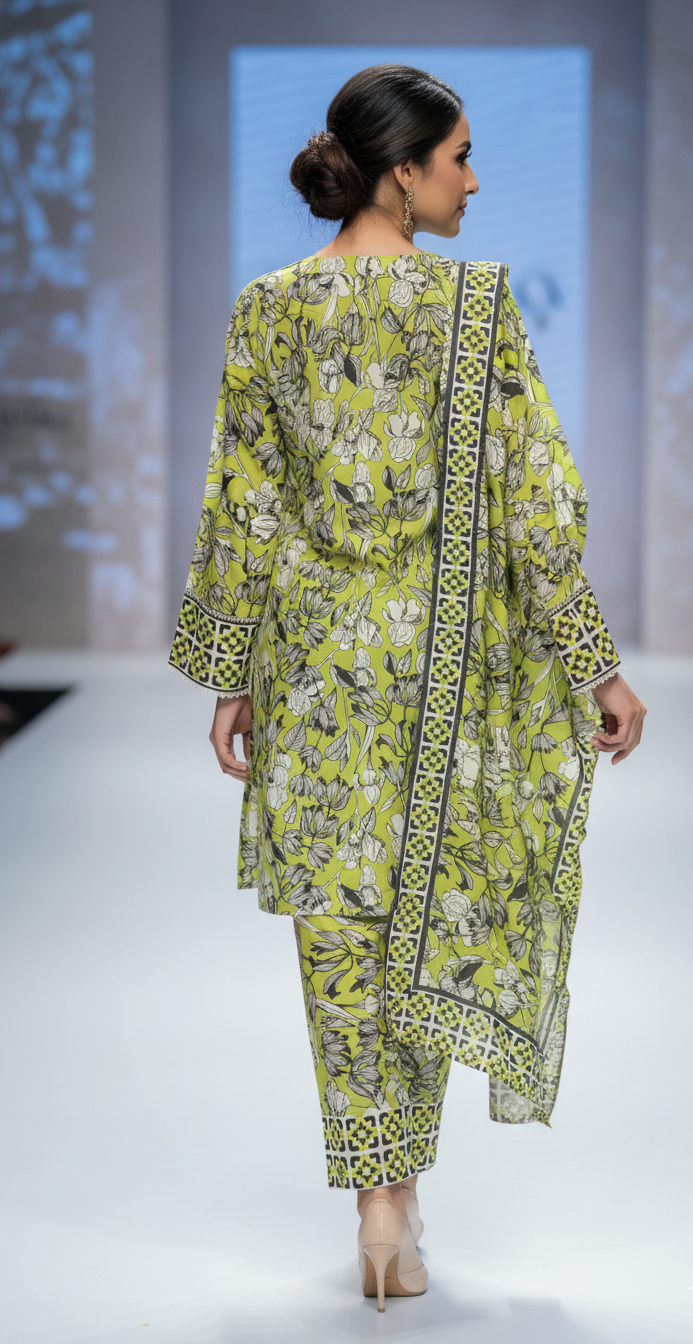 Vibrant Lime Green Crepe Silk Shalwar Kameez with Dupatta - Embroidered Floral Suit for Eid, Wedding & Party in UK | Pakistani Suits - Ibrahimis