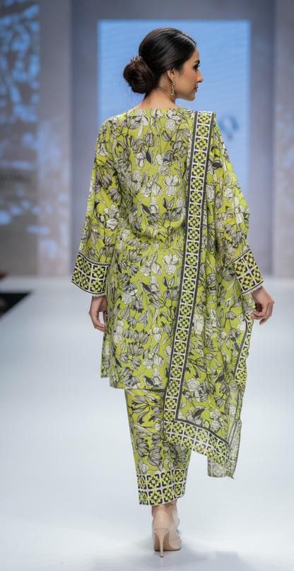 Vibrant Lime Green Crepe Silk Shalwar Kameez with Dupatta - Embroidered Floral Suit for Eid, Wedding & Party in UK | Pakistani Suits - Ibrahimis