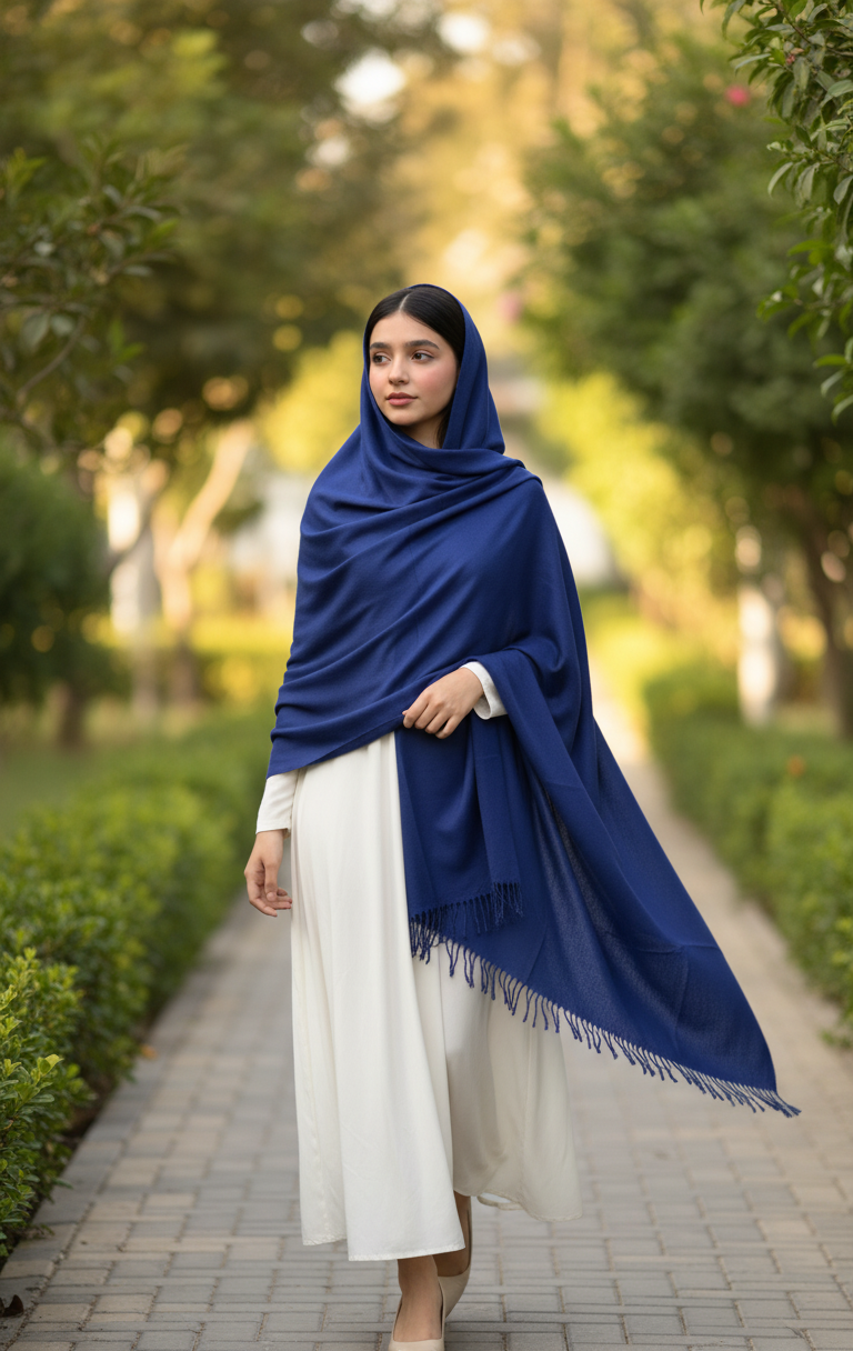 Luxury Royal Blue Pure Pashmina Wool Shawl/Stole with Fringed Edges UK | Pakistani Pashmi in UK | Pakistani Shawls & Stoles - Ibrahimis