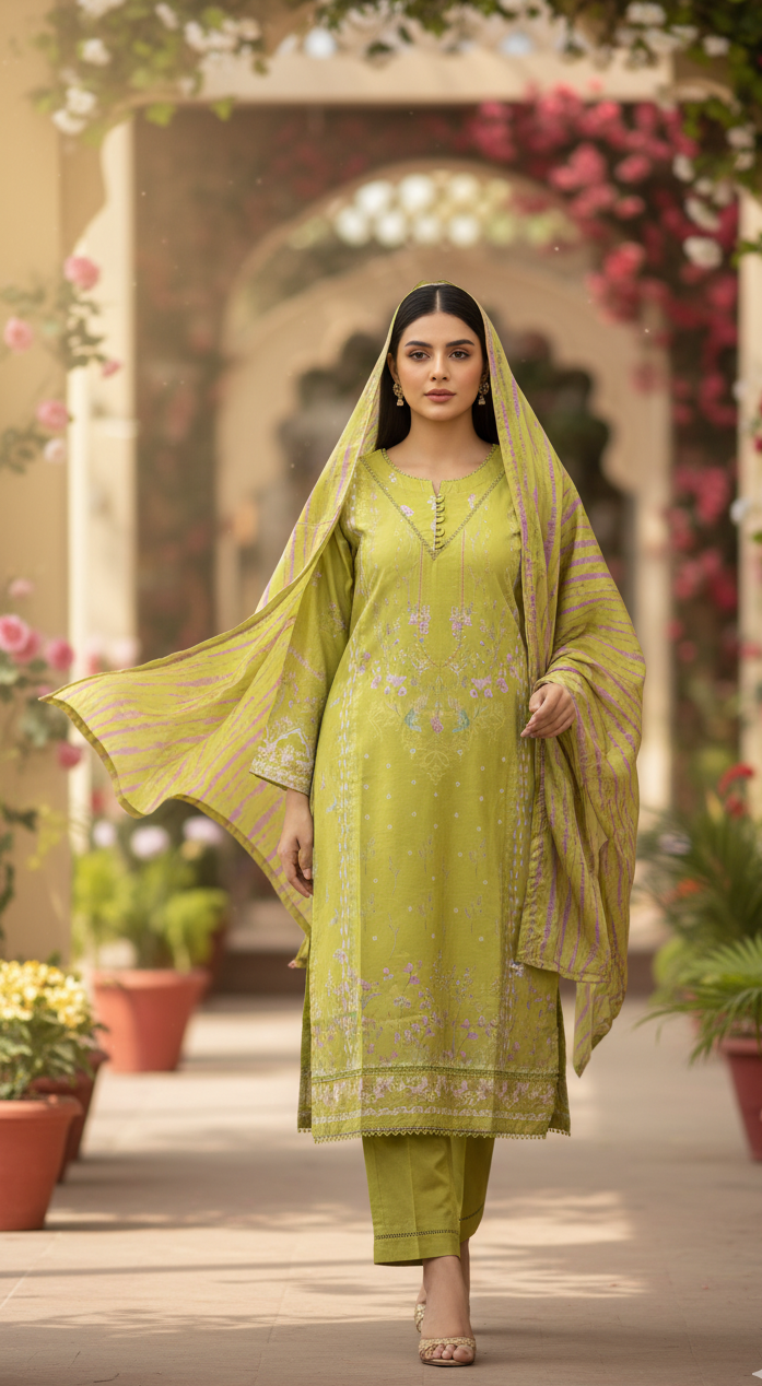 Vibrant Lime Green Crepe Silk Suit with Dupatta - Striped Print & Lace for Formal, Wedding & Party Wear in UK | Pakistani Suits - Ibrahimis
