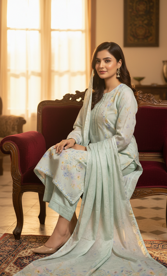 Ethereal Mint Green Crepe Silk Suit with Dupatta - Pastel Floral Print & Lace for Spring, Wedding & Party in UK | Pakistani Suits - Ibrahimis