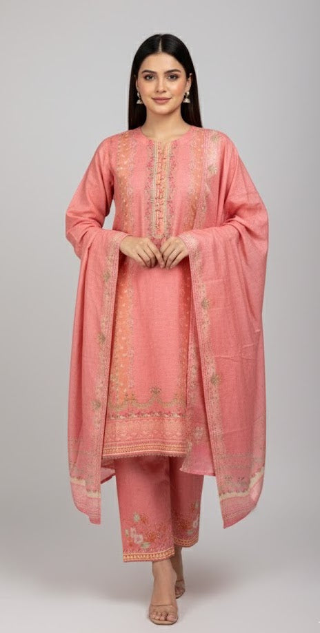 Elegant Coral Pink Crepe Silk Shalwar Kameez with Dupatta - Printed Formal Suit for Eid, Wedding & Party in UK | Pakistani Suits - Ibrahimis
