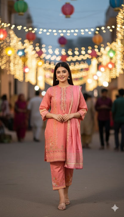 Elegant Coral Pink Crepe Silk Shalwar Kameez with Dupatta - Printed Formal Suit for Eid, Wedding & Party in UK | Pakistani Suits - Ibrahimis