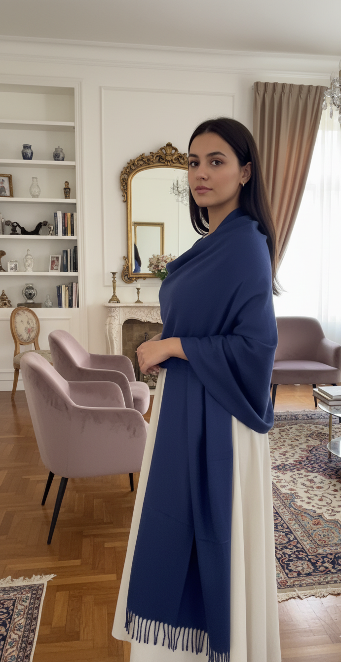 Luxury Royal Blue Pure Pashmina Wool Shawl/Stole with Fringed Edges UK | Pakistani Pashmi in UK | Pakistani Shawls & Stoles - Ibrahimis