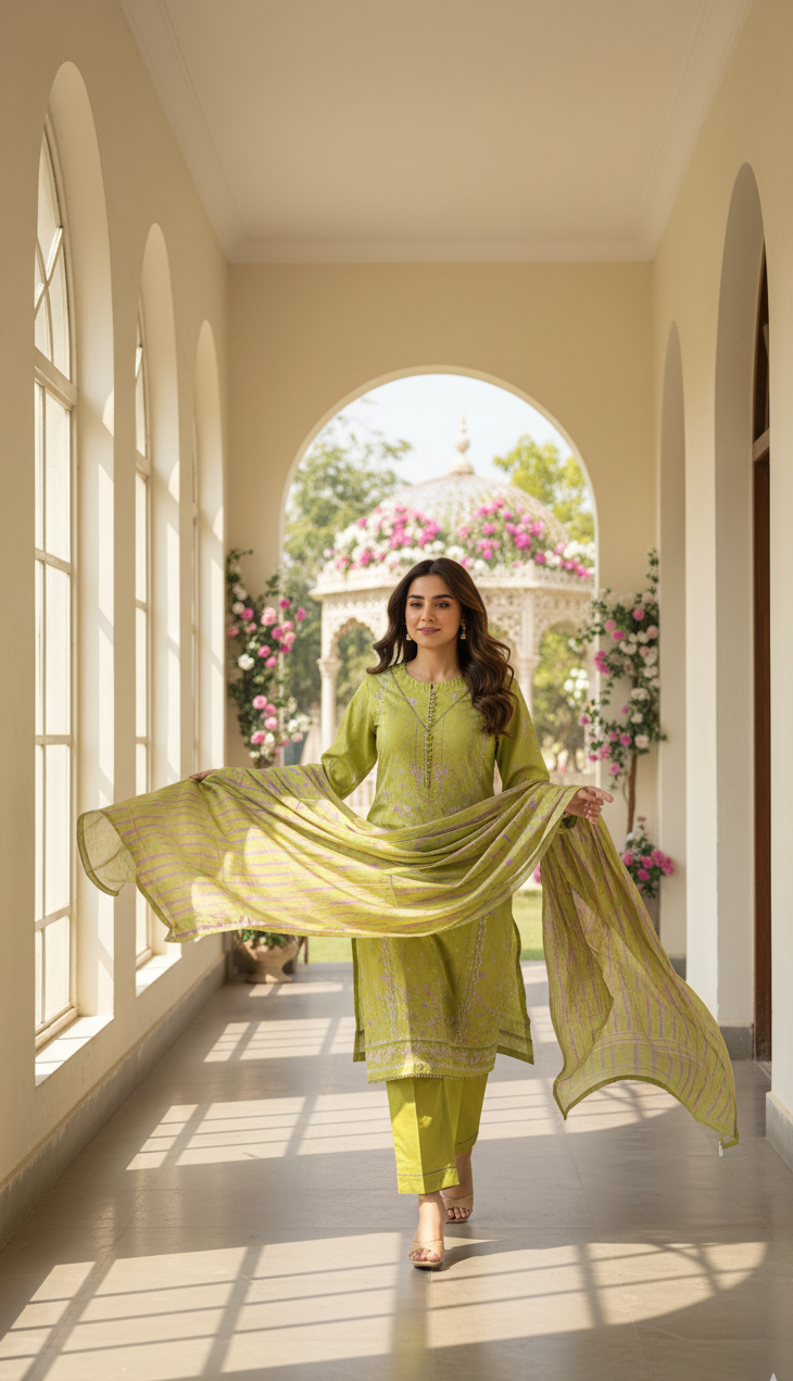 Vibrant Lime Green Crepe Silk Suit with Dupatta - Striped Print & Lace for Formal, Wedding & Party Wear in UK | Pakistani Suits - Ibrahimis