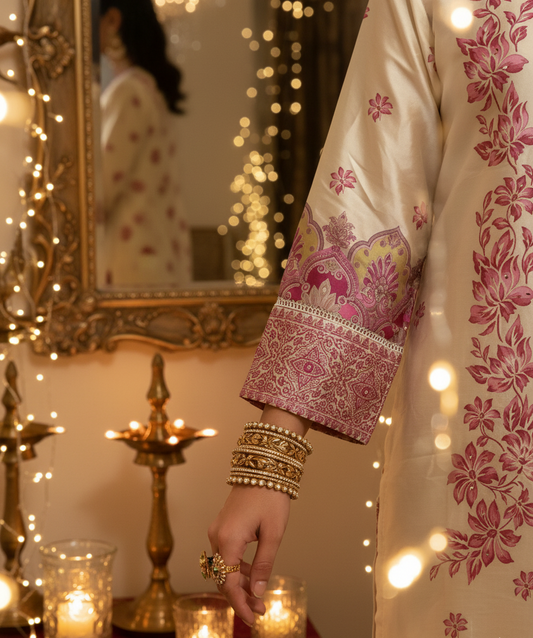 Pakistani Silk Shalwar Kameez Suit | Cream & Pink Printed Dupatta Set | Formal Party Wear UK | Pakistani Dresses - Ibrahimis