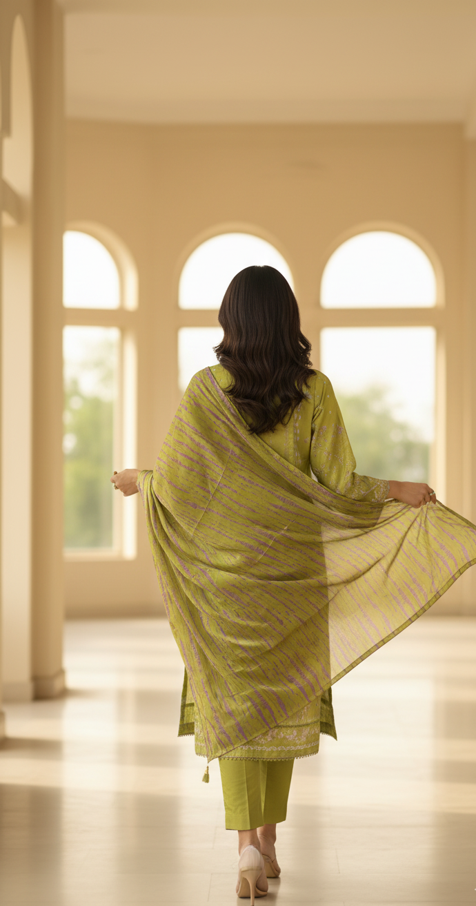 Vibrant Lime Green Crepe Silk Suit with Dupatta - Striped Print & Lace for Formal, Wedding & Party Wear in UK | Pakistani Suits - Ibrahimis