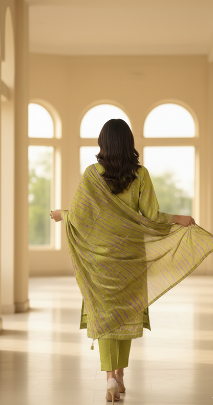 Vibrant Lime Green Crepe Silk Suit with Dupatta - Striped Print & Lace for Formal, Wedding & Party Wear in UK | Pakistani Suits - Ibrahimis