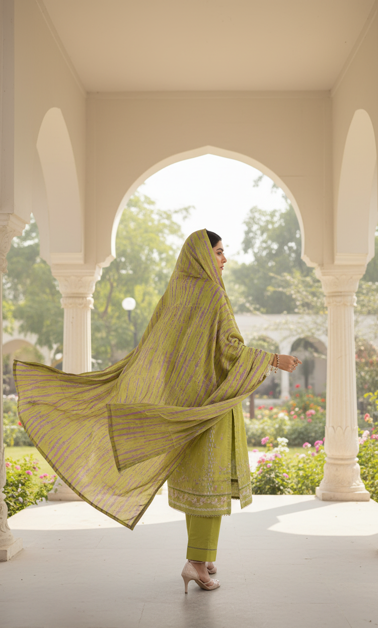 Vibrant Lime Green Crepe Silk Suit with Dupatta - Striped Print & Lace for Formal, Wedding & Party Wear in UK | Pakistani Suits - Ibrahimis