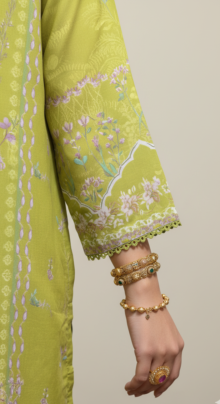 Vibrant Lime Green Crepe Silk Suit with Dupatta - Striped Print & Lace for Formal, Wedding & Party Wear in UK | Pakistani Suits - Ibrahimis