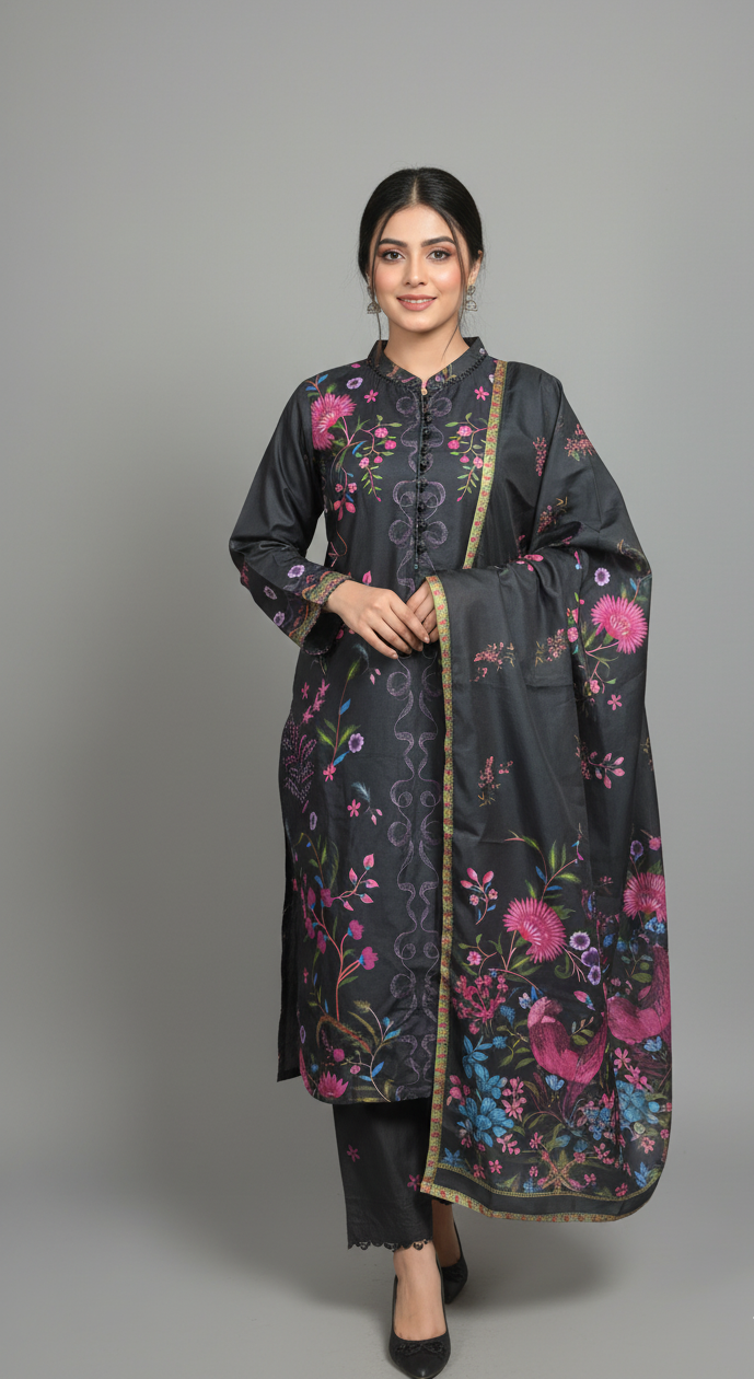 Striking Charcoal Black Crepe Silk Suit with Dupatta - Vibrant Floral Print & Lace for Formal, Party & Eid in UK | Pakistani Suits - Ibrahimis